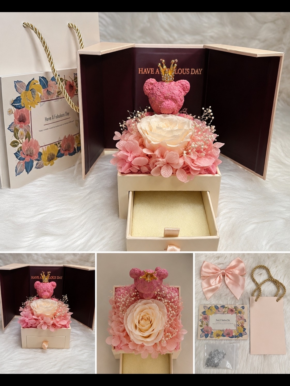Luxury Preserved Rose & Pink Bear Gift Box